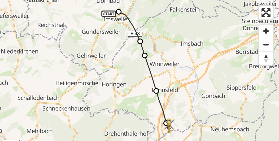 Flugroute Rettungshubschrauber Imsweiler UL - Wartenberg-Rohrbach, 22 Juni 2026, 19:33