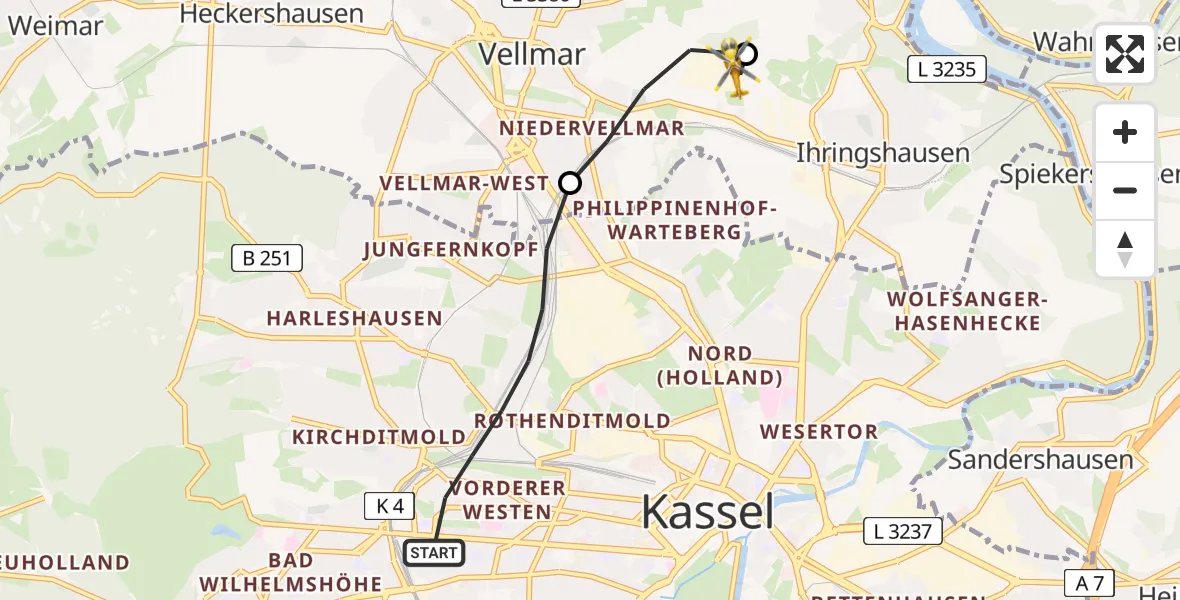Flugroute Rettungshubschrauber Kassel - Fuldatal Bundespolizei Hubschrauberlandeplatz, 22 Juni 2026, 19:40