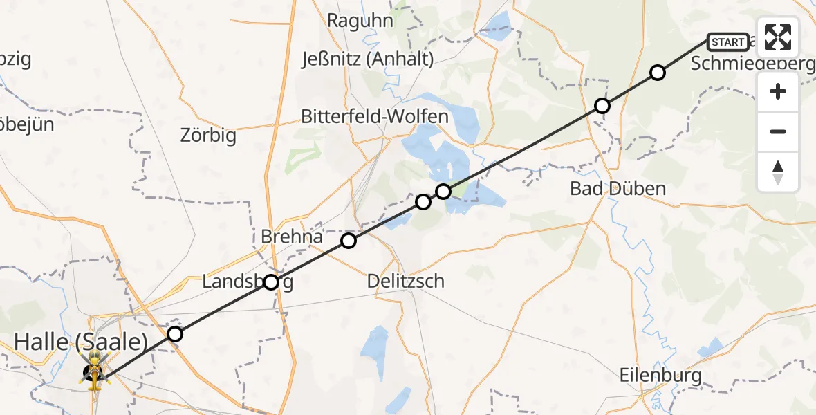 Flugroute Rettungshubschrauber Bad Schmiedeberg - BG Hospital Bergmannstrost Halle, 22 Juni 2026, 19:47