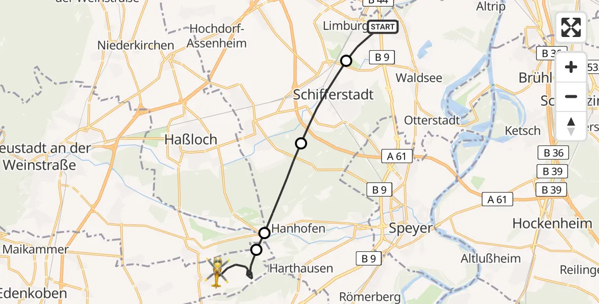 Flugroute Rettungshubschrauber Limburgerhof - Gommersheim, 22 Juni 2026, 19:47