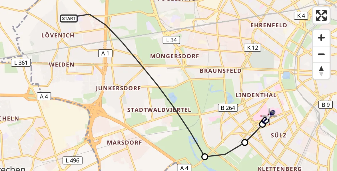 Flugroute Polizeihubschrauber Köln - Köln University Hospital, 22 Juni 2026, 19:48
