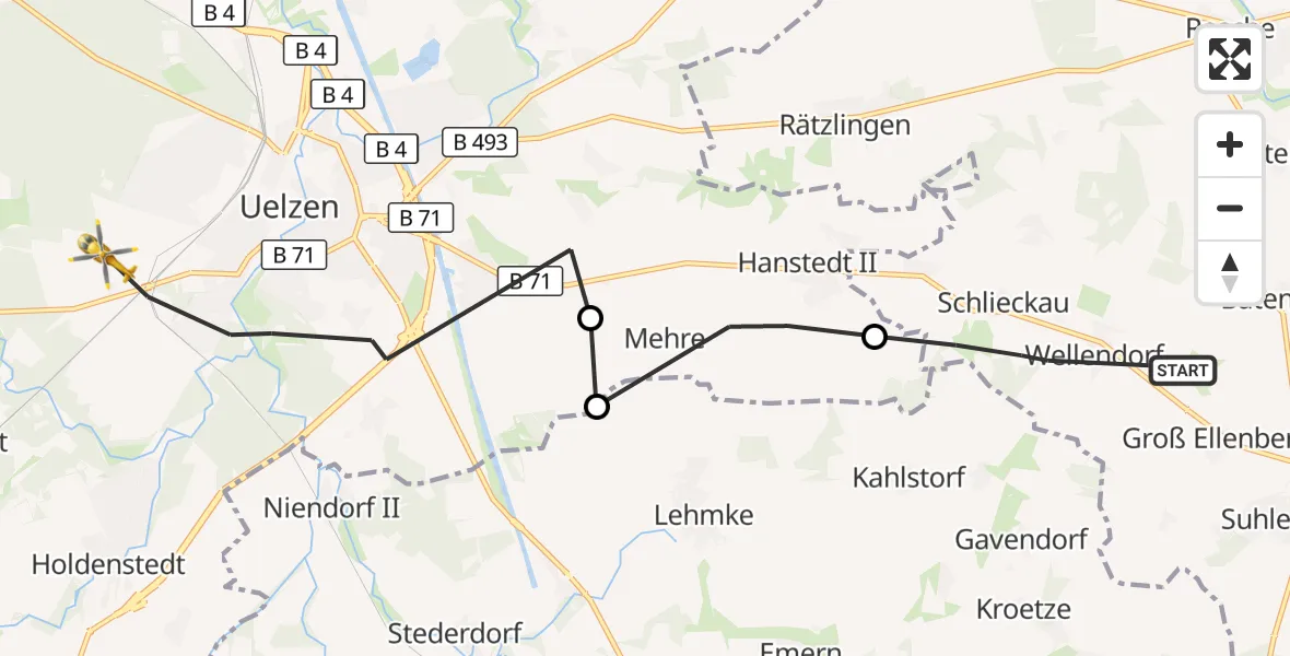 Flugroute Rettungshubschrauber Suhlendorf - Uelzen, 22 Juni 2026, 19:57