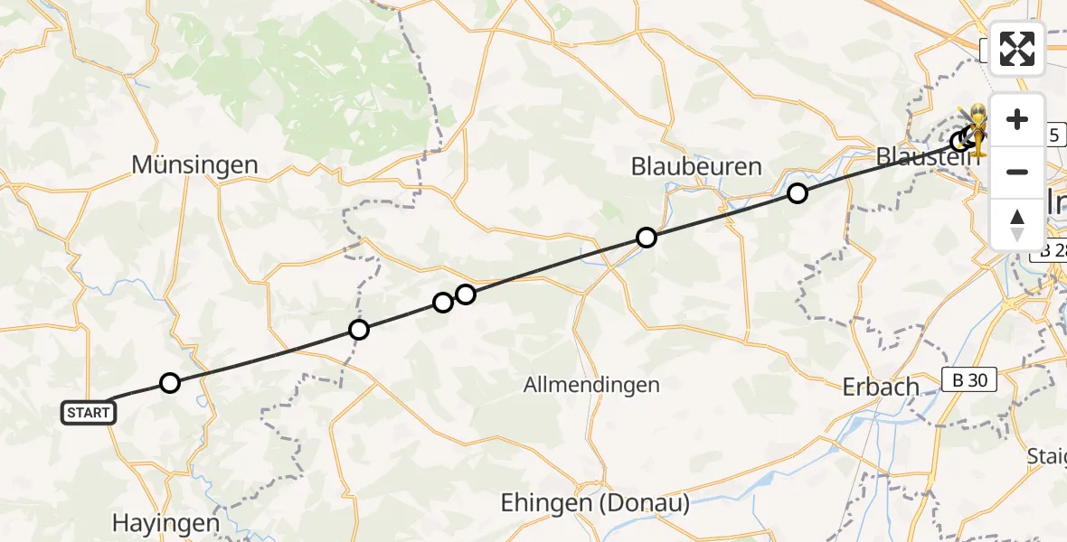 Flugroute Rettungshubschrauber Hayingen - Ulm Military Hospital Emergency, 22 Juni 2026, 19:57