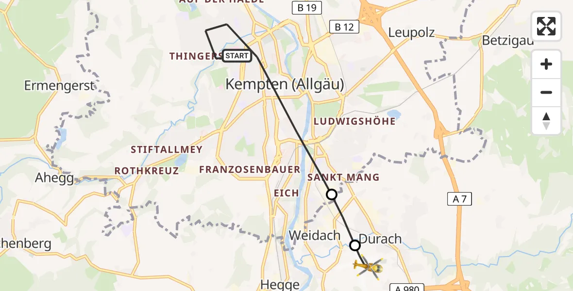Flugroute Rettungshubschrauber Kempten (Allgäu) - Kempten-Durach Flugplatz, 22 Juni 2026, 19:59