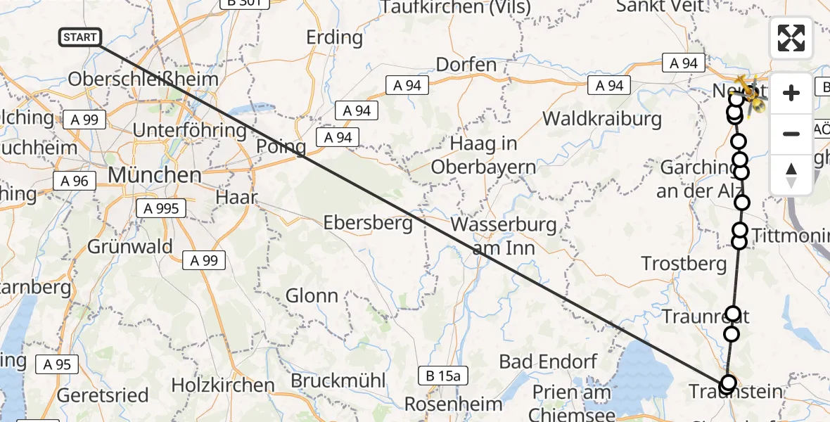 Flugroute Rettungshubschrauber Röhrmoos - Altötting-Burghausen District Hospital Altötting, 22 Juni 2026, 20:03
