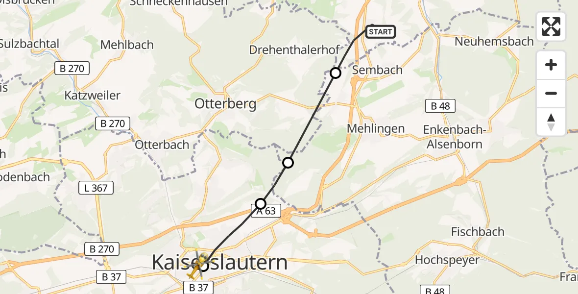 Flugroute Rettungshubschrauber Wartenberg-Rohrbach - Westpfalz Hospital Kaiserslautern, 22 Juni 2026, 20:03
