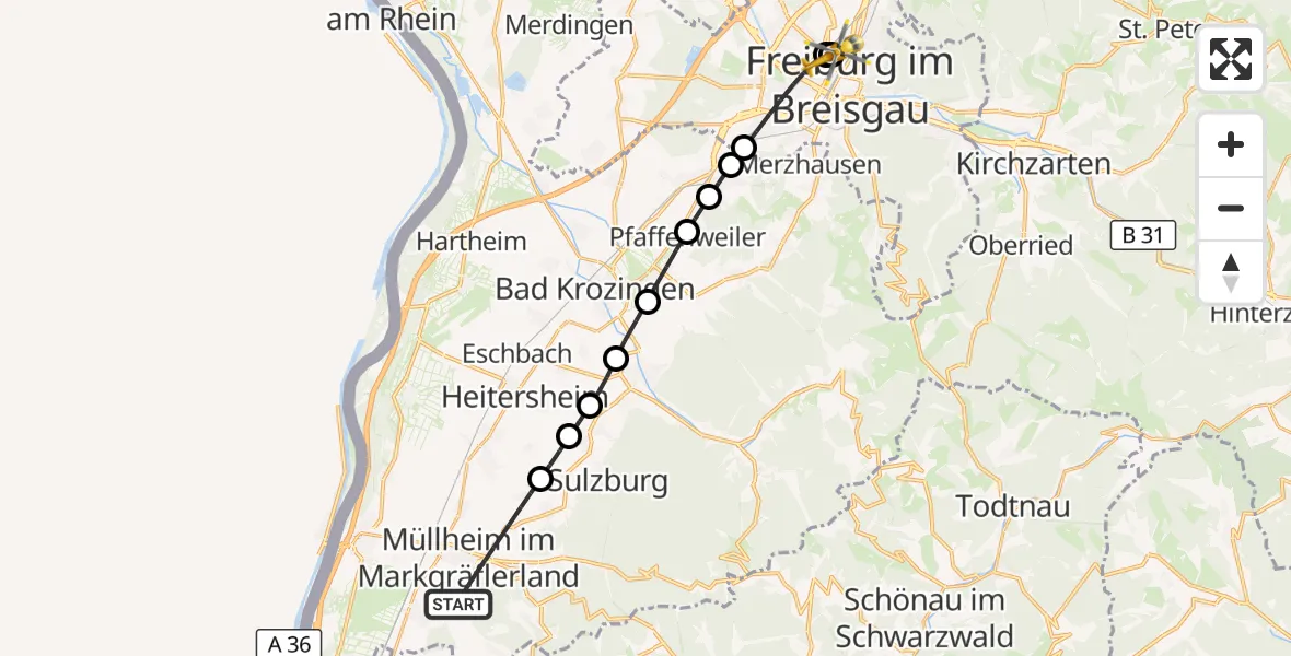 Flugroute Ambulanzhubschrauber Müllheim im Markgräflerland - Freiburg University Hospital Heliport 1, 22 Juni 2026, 20:14