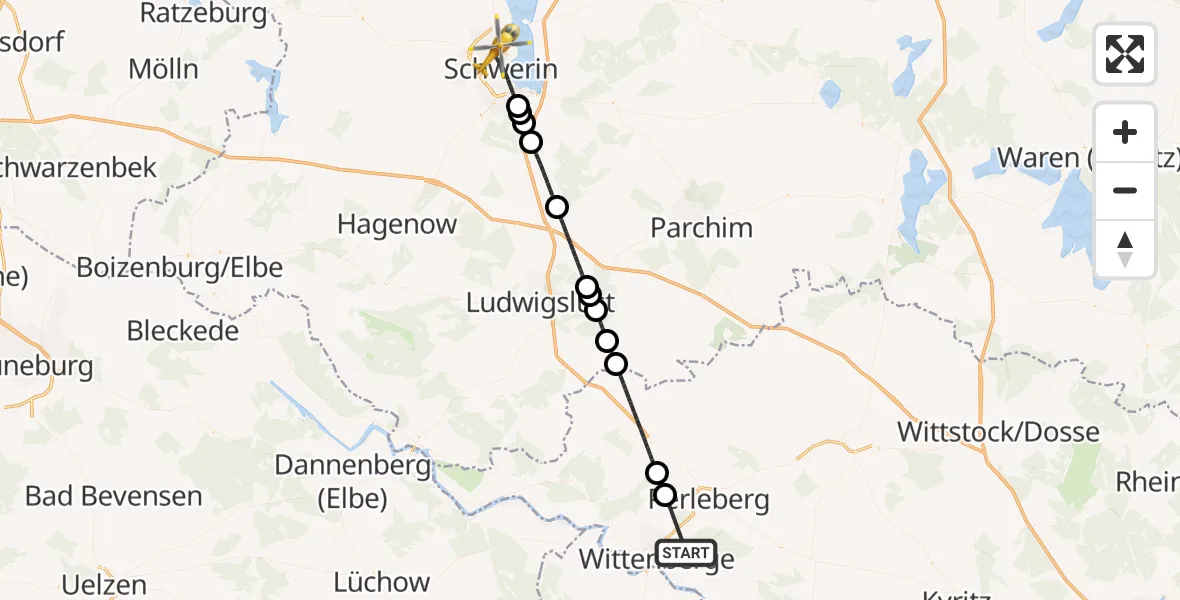 Flugroute Rettungshubschrauber Breese - Schwerin, 22 Juni 2026, 20:28