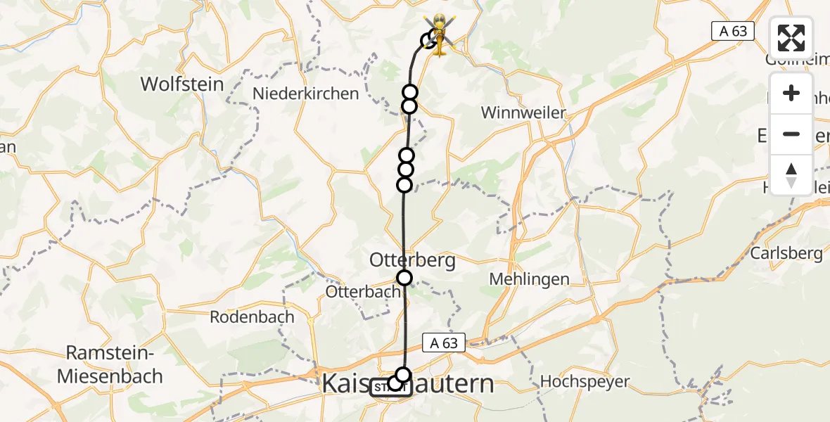 Flugroute Rettungshubschrauber Westpfalz Hospital Kaiserslautern - Imsweiler UL, 22 Juni 2026, 20:30