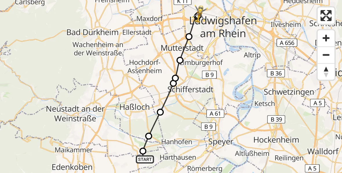 Flugroute Rettungshubschrauber Gommersheim - Ludwigshafen Accident Hospital, 22 Juni 2026, 20:43