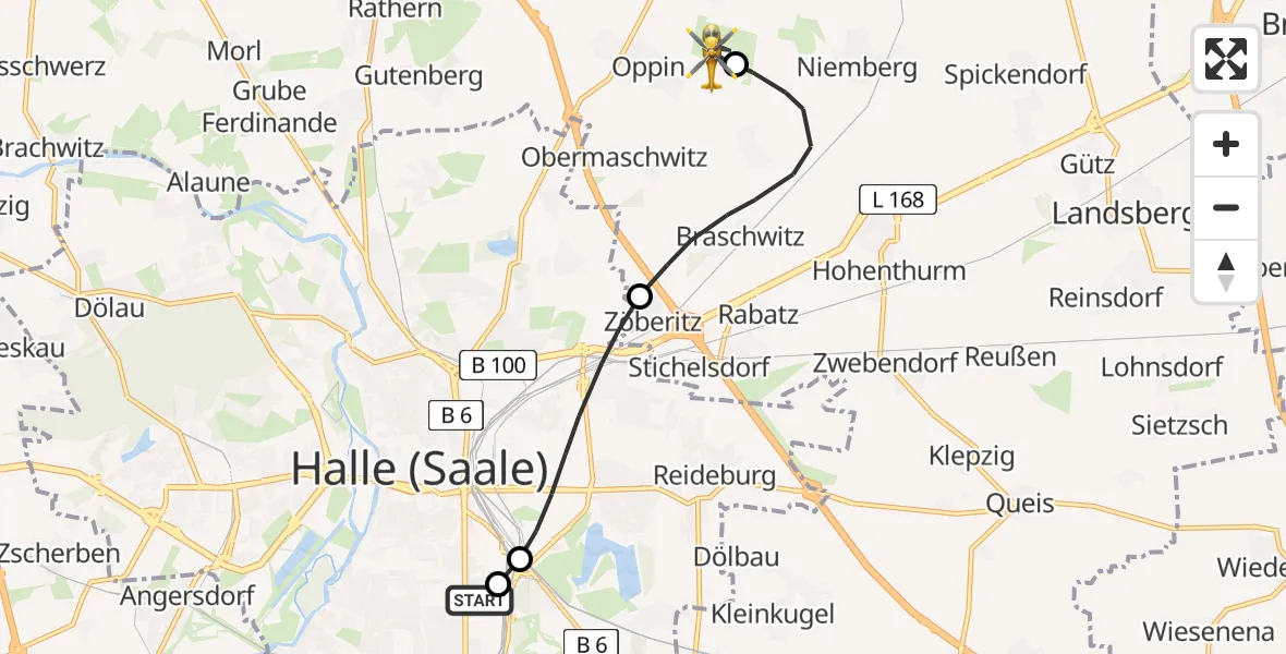 Flugroute Rettungshubschrauber BG Hospital Bergmannstrost Halle - Halle-Oppin Flugplatz, 22 Juni 2026, 20:44