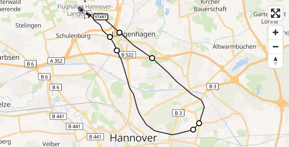 Flugroute Polizeihubschrauber Flughafen Hannover - Flughafen Hannover, 22 Juni 2026, 21:11