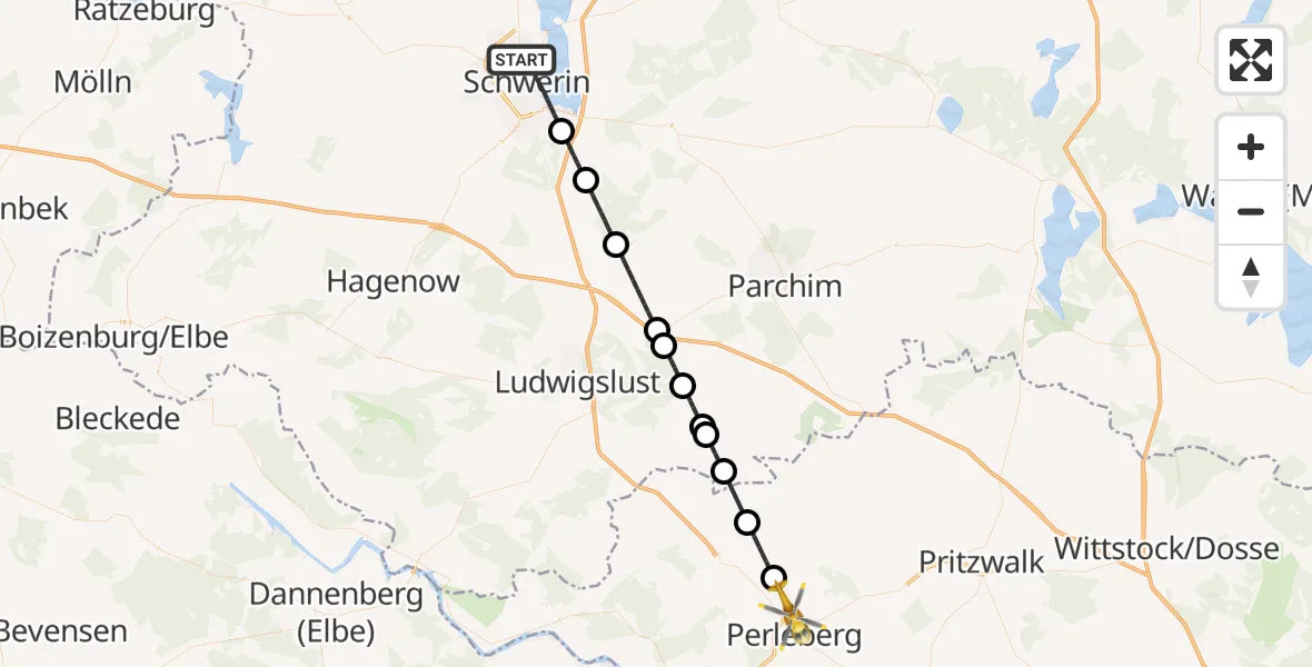 Flugroute Rettungshubschrauber Schwerin - Perleberg, 22 Juni 2026, 21:18