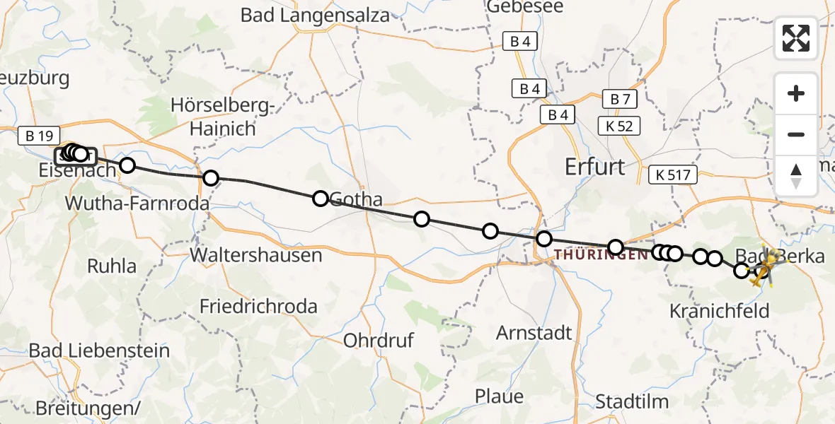 Flugroute Ambulanzhubschrauber Sankt Georg Hospital Eisenach - Bad Berka Central Hospital, 22 Juni 2026, 21:28