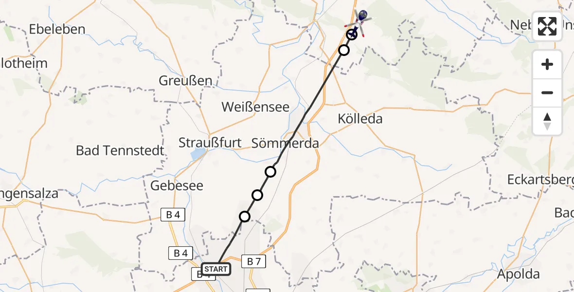 Flugroute Polizeihubschrauber Erfurt - Oberheldrungen, 22 Juni 2026, 21:48