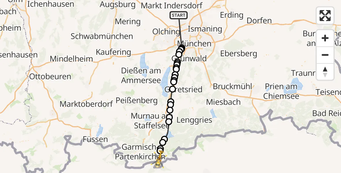 Flugroute Rettungshubschrauber Röhrmoos - Mittenwald, 22 Juni 2026, 22:20