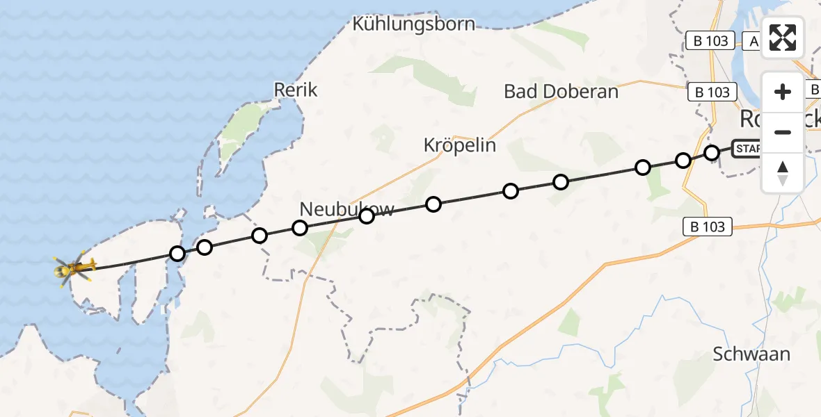 Flugroute Rettungshubschrauber Rostock - Insel Poel, 22 Juni 2026, 22:34