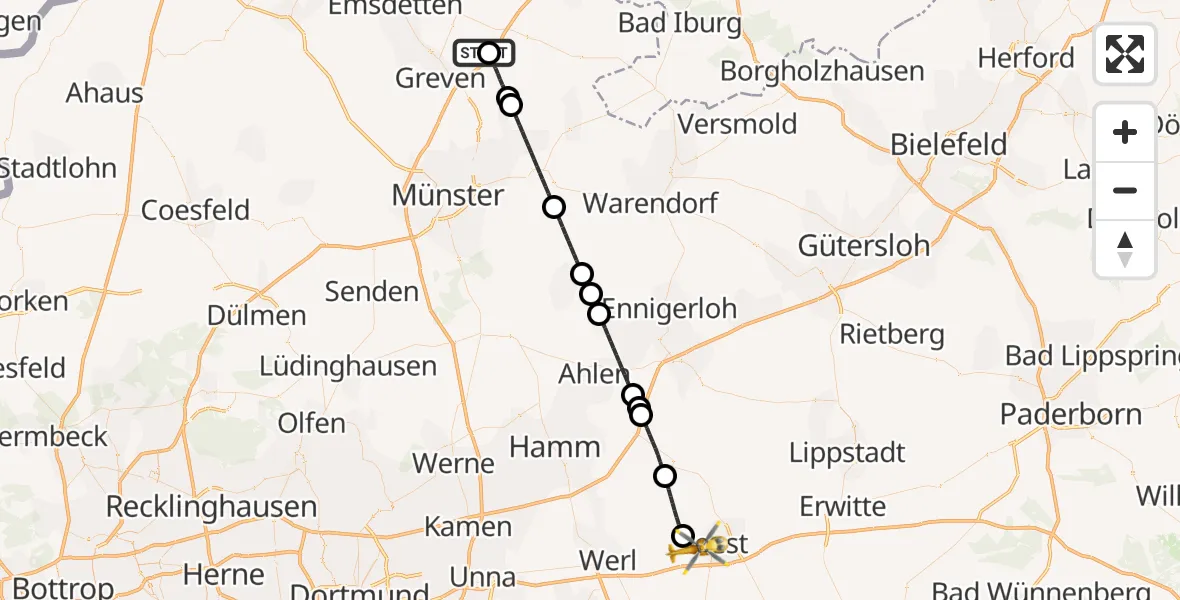 Flugroute Ambulanzhubschrauber Christoph  Westfalen-ADAC - Soest, 22 Juni 2026, 23:22