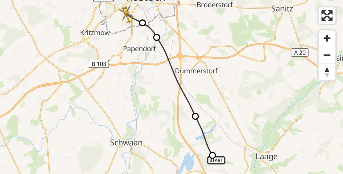 Flugroute Rettungshubschrauber Flughafen Rostock-Laage - Rostock, 23 Juni 2026, 00:21