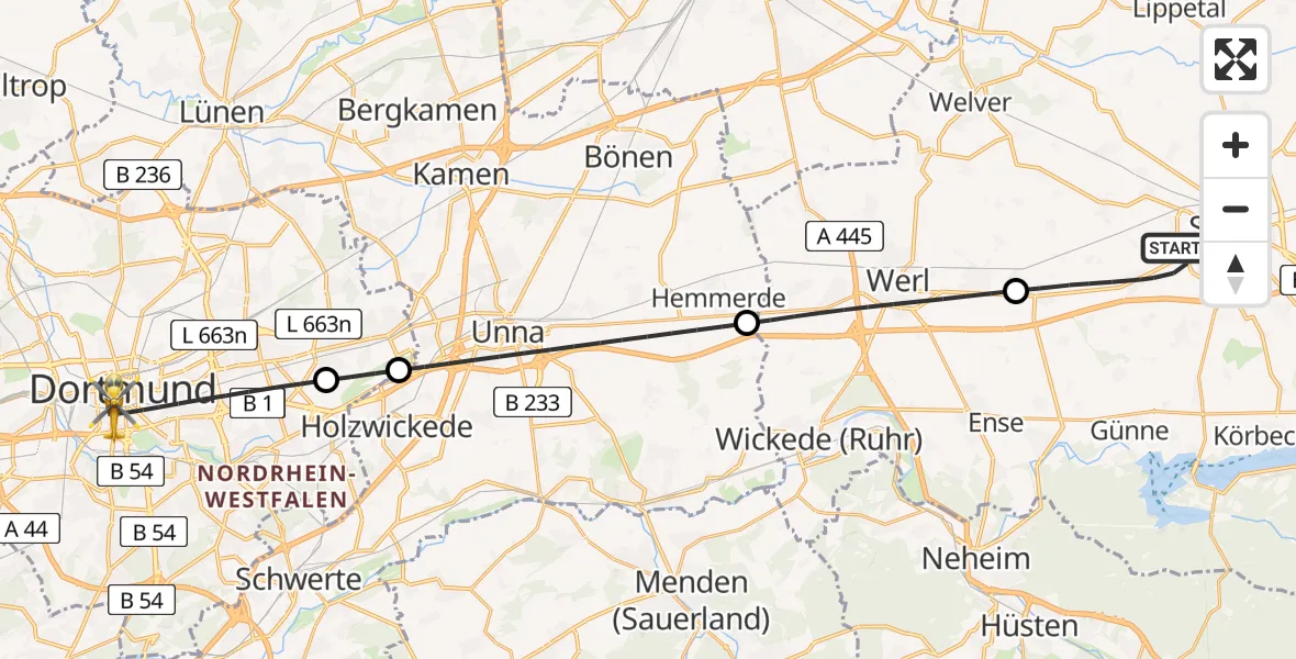 Flugroute Ambulanzhubschrauber Soest - Dortmund, 23 Juni 2026, 00:29