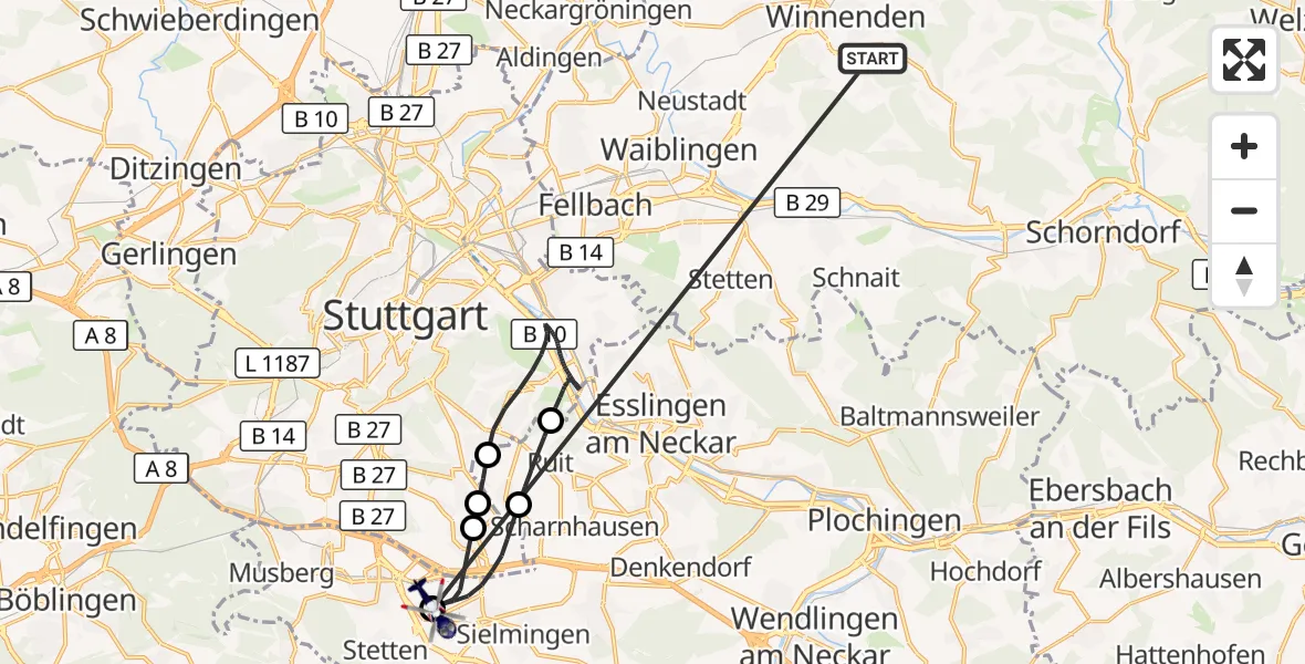 Flugroute Polizeihubschrauber Winnenden - Flughafen Stuttgart, 23 Juni 2026, 01:47