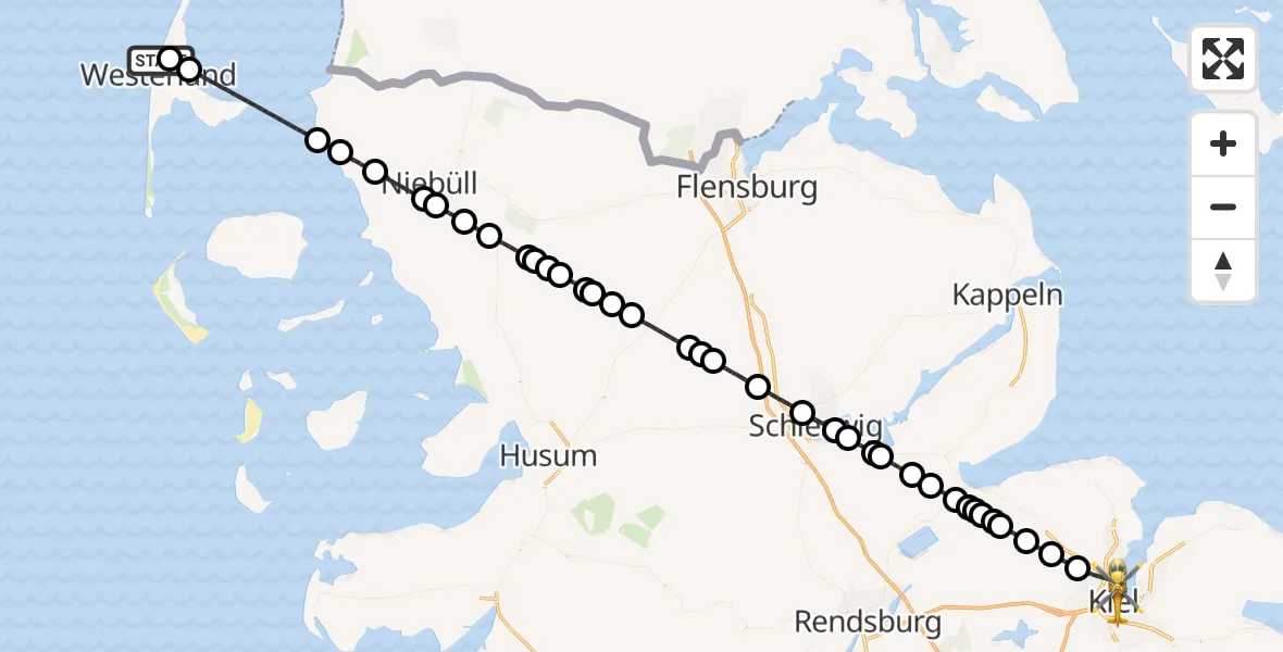 Flugroute Rettungshubschrauber Sylt - Kiel, 23 Juni 2026, 02:11