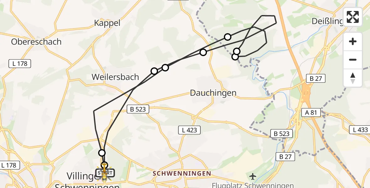 Flugroute Ambulanzhubschrauber DRF Air Rescue Station Villingen-Schwenningen Hubschrauberlandeplatz (Christoph 11) - DRF Air Rescue Station Villingen-Schwenningen Hubschrauberlandeplatz (Christoph 11), 23 Juni 2026, 02:17