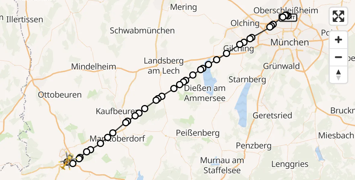 Flugroute Rettungshubschrauber Oberschleißheim - Kempten-Durach Flugplatz, 23 Juni 2026, 04:00
