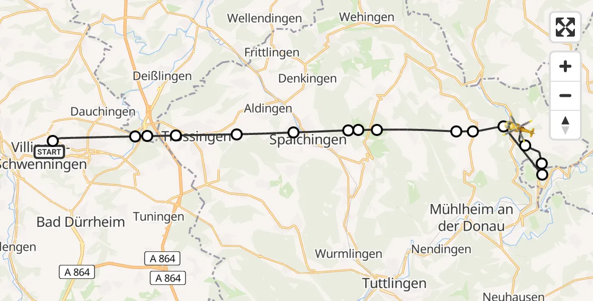 Flugroute Ambulanzhubschrauber DRF Air Rescue Station Villingen-Schwenningen Hubschrauberlandeplatz (Christoph 11) - Bärenthal, 23 Juni 2026, 04:42