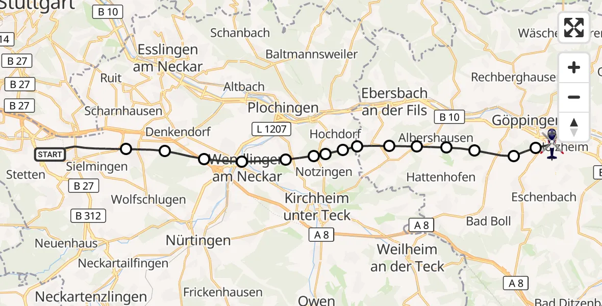 Flugroute Polizeihubschrauber Flughafen Stuttgart - Göppingen, 23 Juni 2026, 04:58