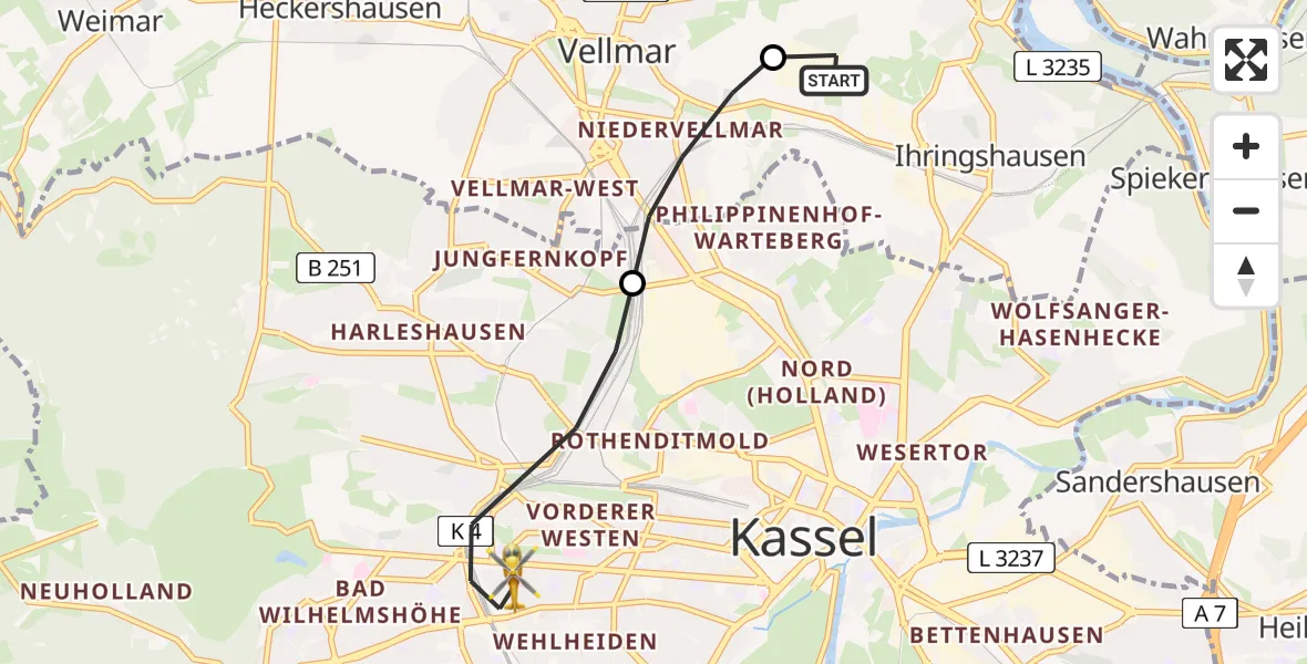 Flugroute Rettungshubschrauber Fuldatal Bundespolizei Hubschrauberlandeplatz - Kassel, 23 Juni 2026, 05:12