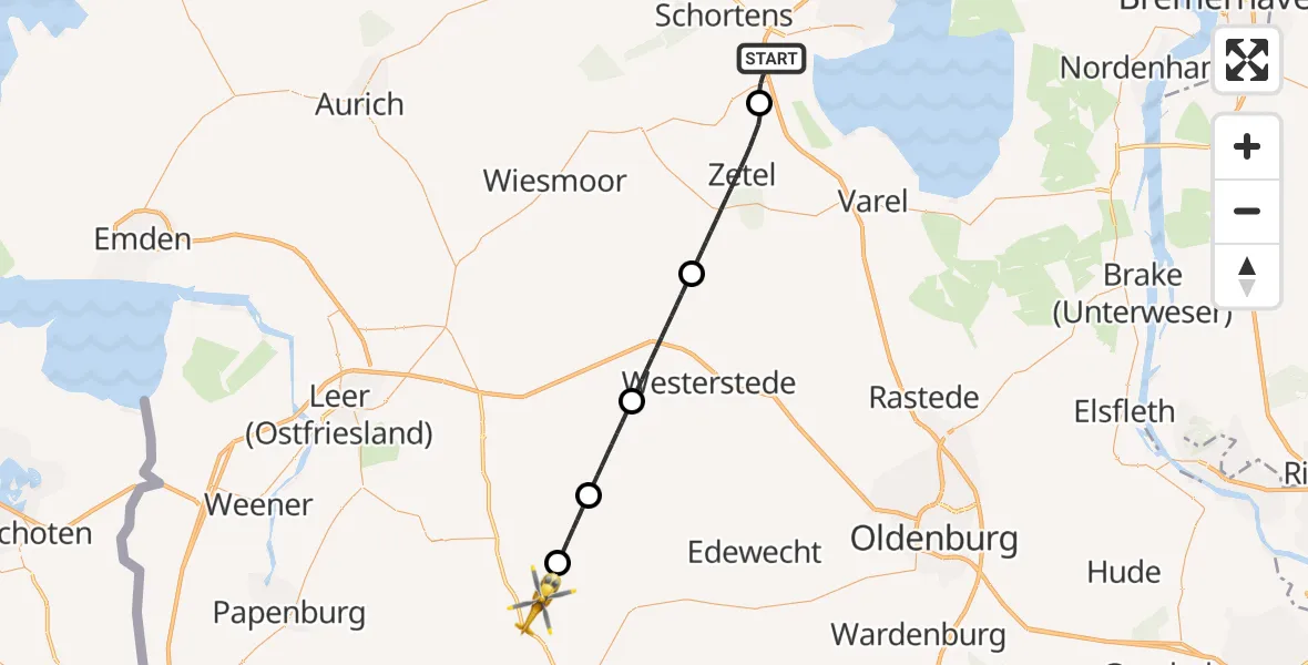 Flugroute Rettungshubschrauber Sande - Saterland, 23 Juni 2026, 05:32