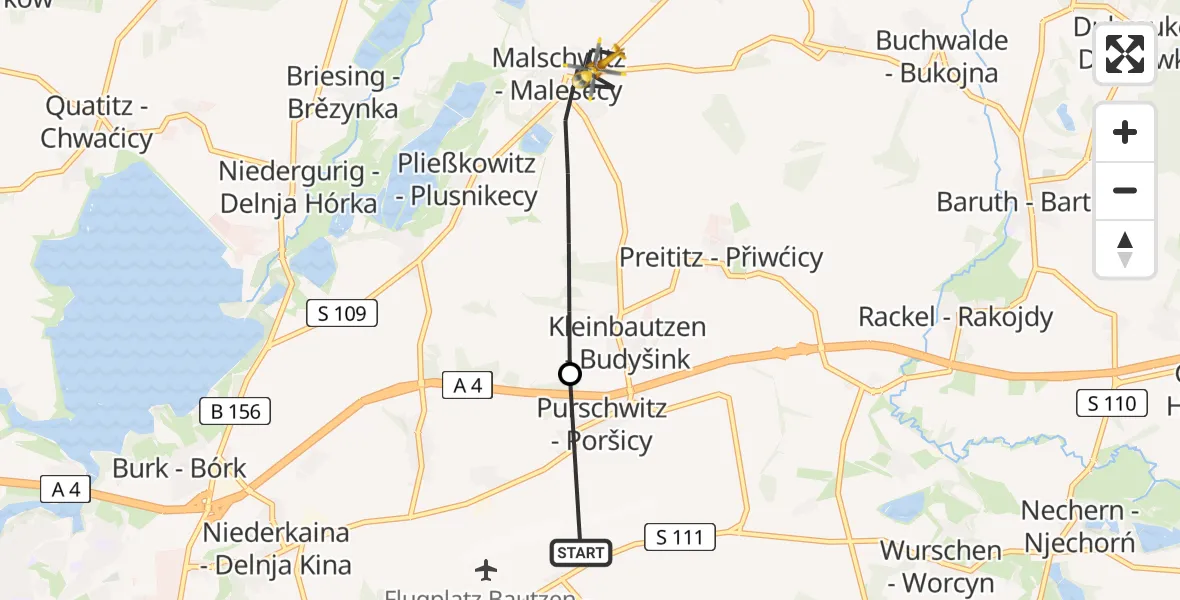 Flugroute Rettungshubschrauber Bautzen Flugplatz - Malschwitz, 23 Juni 2026, 05:34