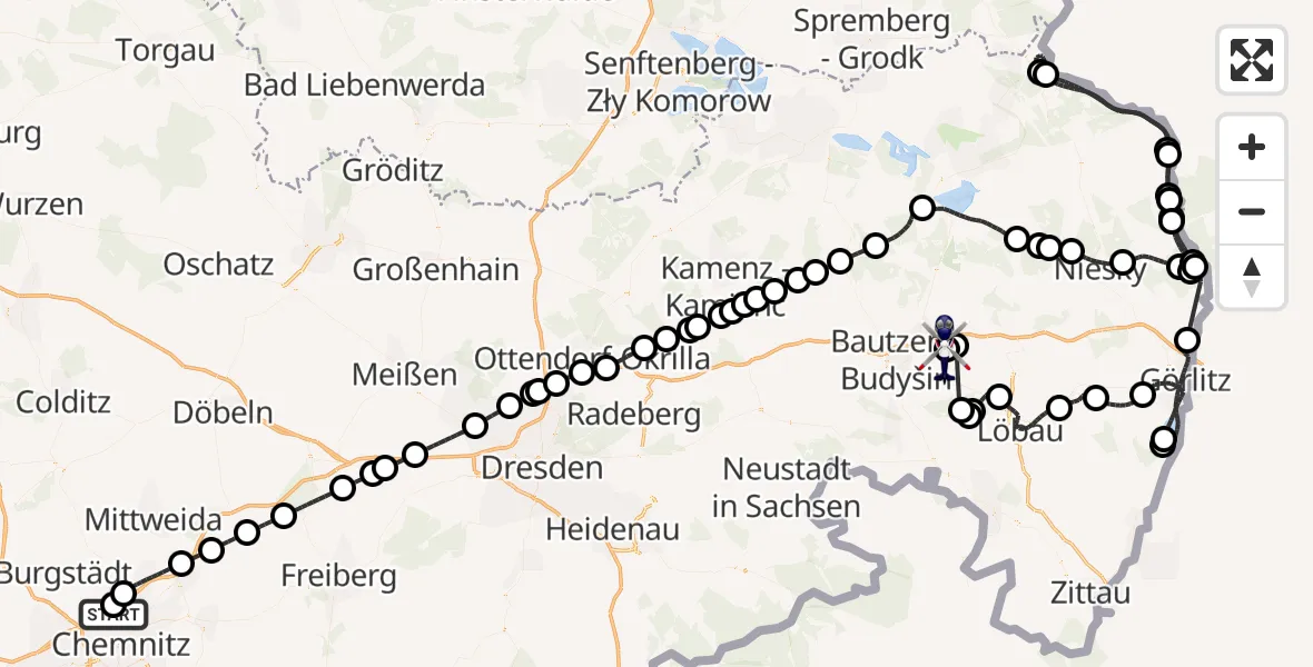 Flugroute Polizeihubschrauber Chemnitz-Glösa Industrial Park Hubschrauberlandeplatz - Bautzen Flugplatz, 23 Juni 2026, 05:39