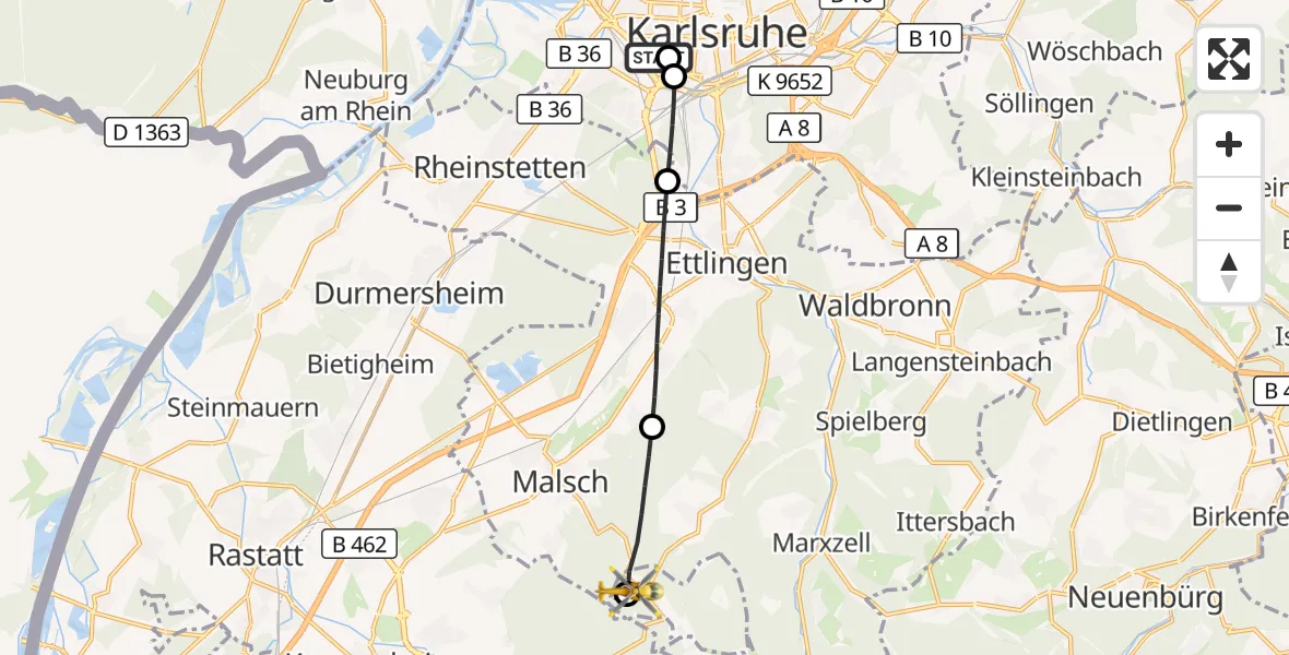 Flugroute Ambulanzhubschrauber Sankt Vincentius Hospital - Gaggenau, 23 Juni 2026, 05:46