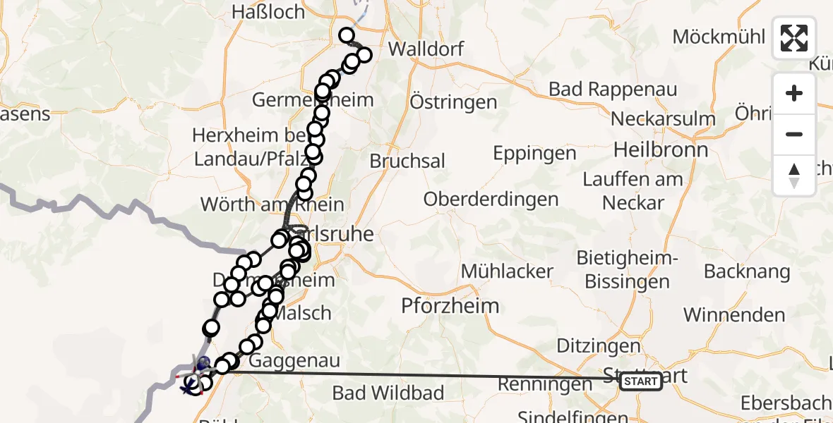 Flugroute Polizeihubschrauber Stuttgart - Karlsruhe Baden-Baden Flughafen, 23 Juni 2026, 05:48