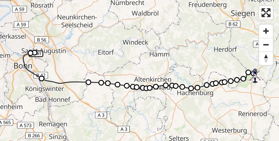Flugroute Polizeihubschrauber Bonn-Hangelar Flugplatz - Siegerland Flughafen, 23 Juni 2026, 05:57