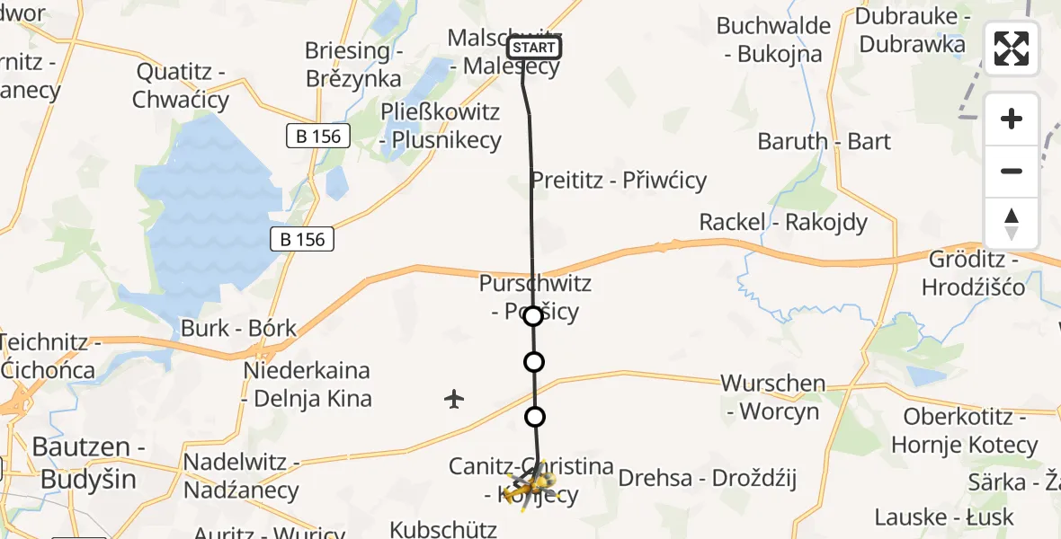 Flugroute Rettungshubschrauber Malschwitz - Kubschütz, 23 Juni 2026, 06:05
