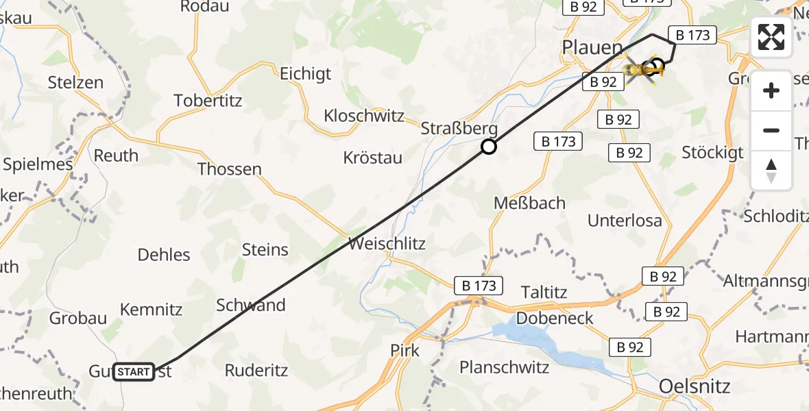 Flugroute Rettungshubschrauber Weischlitz - Helios Clinic Plauen, 23 Juni 2026, 06:11