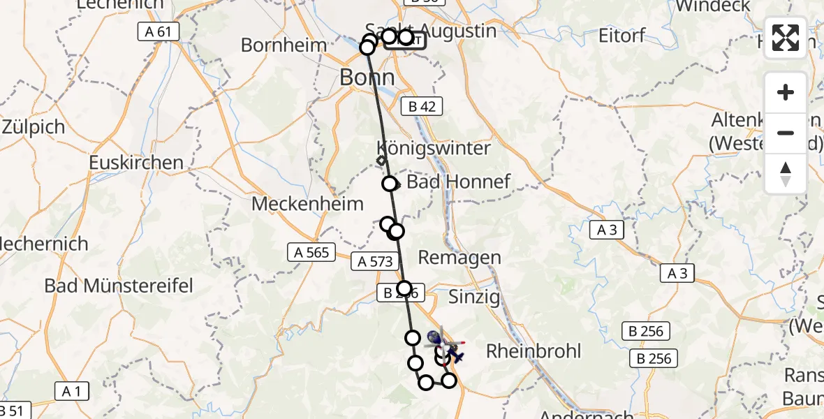 Flugroute Polizeihubschrauber Sankt Augustin - Sinzig, 23 Juni 2026, 06:25