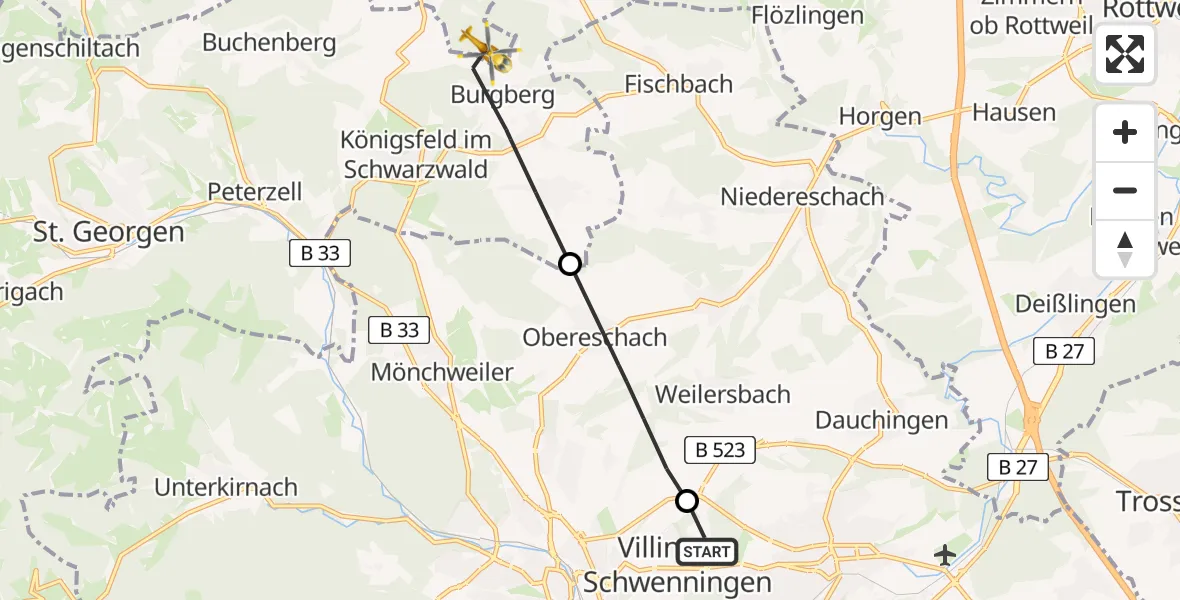 Flugroute Ambulanzhubschrauber DRF Air Rescue Station Villingen-Schwenningen Hubschrauberlandeplatz (Christoph 11) - Hardt, 23 Juni 2026, 06:29