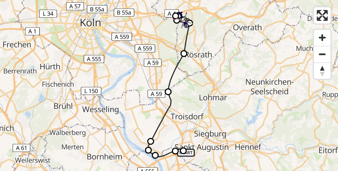 Flugroute Polizeihubschrauber Bonn-Hangelar Flugplatz - Bergisch Gladbach, 23 Juni 2026, 06:35
