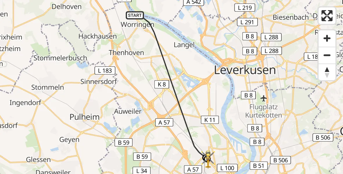 Flugroute Rettungshubschrauber Köln - Sankt Vinzenz Hospital, 23 Juni 2026, 06:39