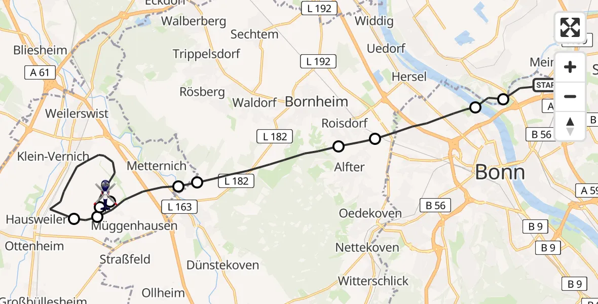 Flugroute Polizeihubschrauber Bonn - Weilerswist, 23 Juni 2026, 06:43