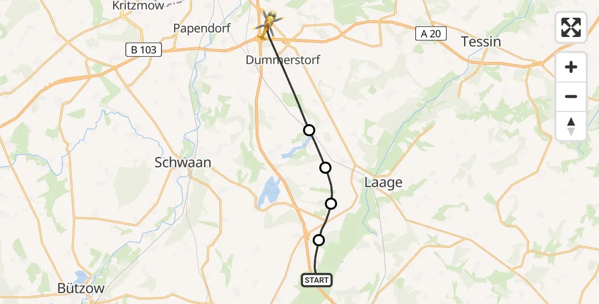 Flugroute Ambulanzhubschrauber Kuhs - Dummerstorf, 23 Juni 2026, 06:45