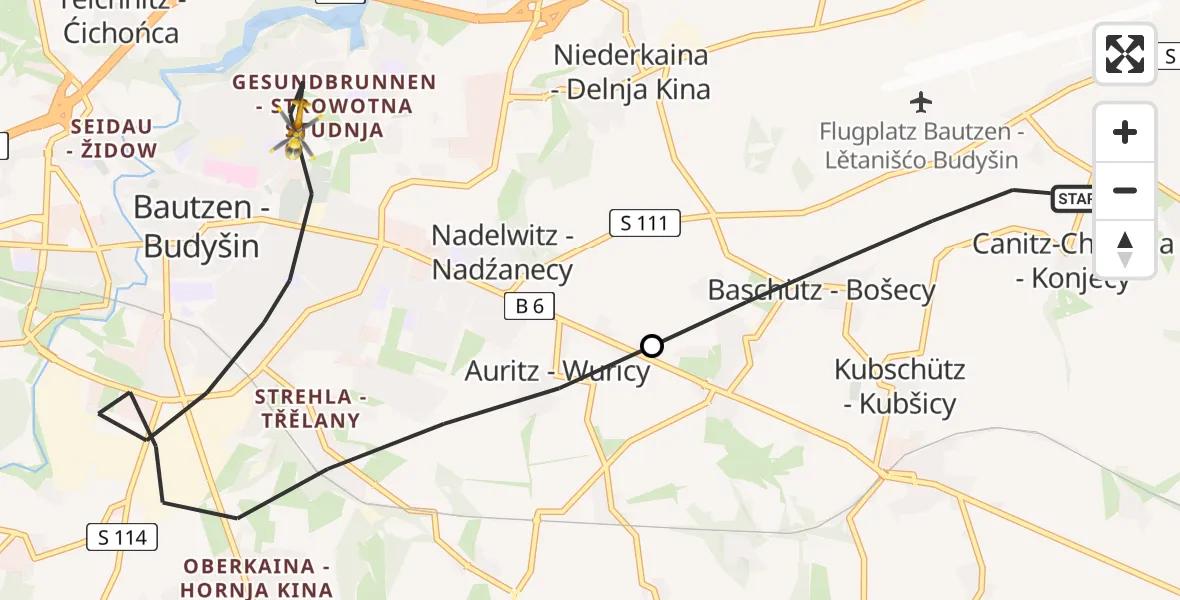 Flugroute Rettungshubschrauber Kubschütz - Bautzen, 23 Juni 2026, 06:47