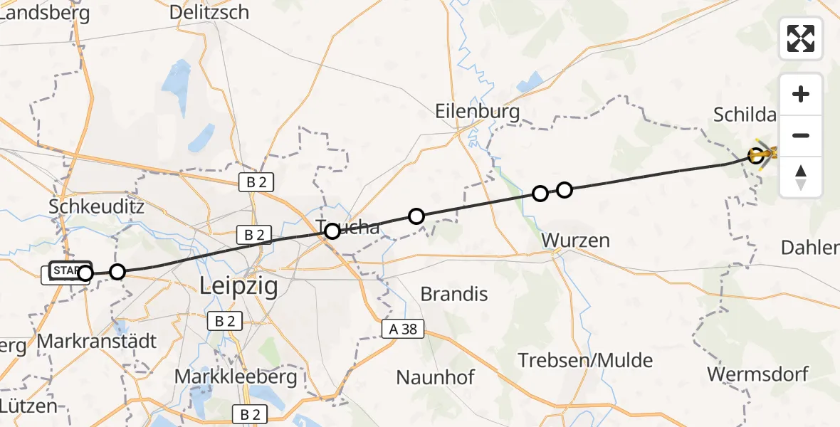 Flugroute Rettungshubschrauber ADAC Air Rescue Station Leipzig/Schkeuditz-Dölzig Hubschrauberlandeplatz (Christoph 61) - Belgern-Schildau, 23 Juni 2026, 06:50