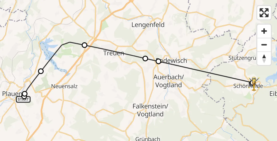 Flugroute Rettungshubschrauber Helios Clinic Plauen - Schönheide, 23 Juni 2026, 06:51