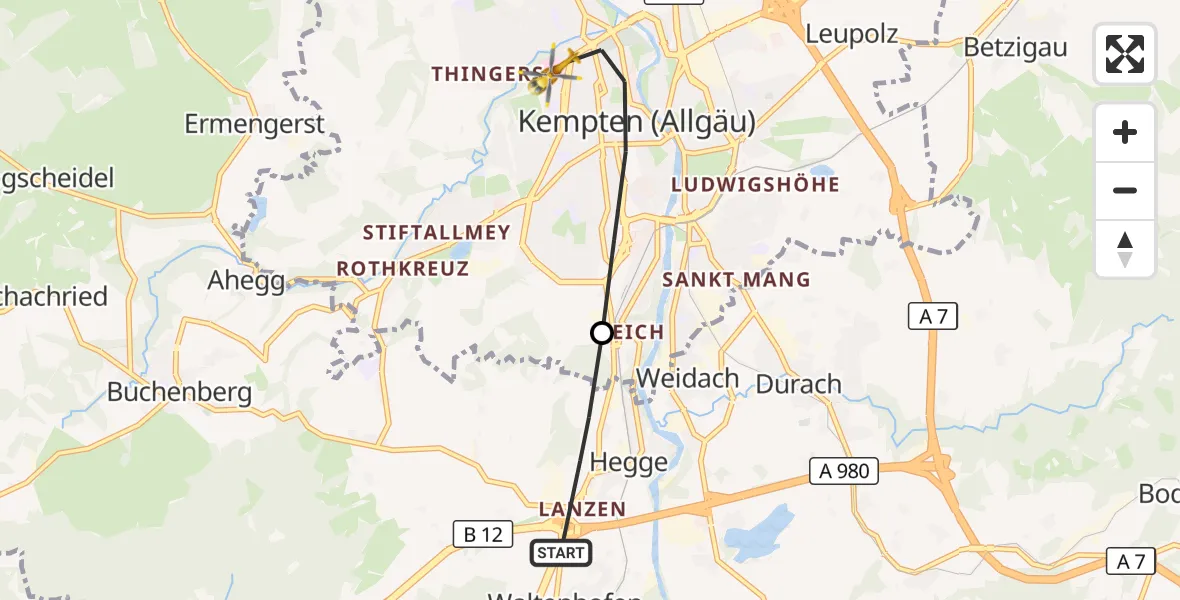 Flugroute Rettungshubschrauber Waltenhofen - Kempten (Allgäu), 23 Juni 2026, 06:51