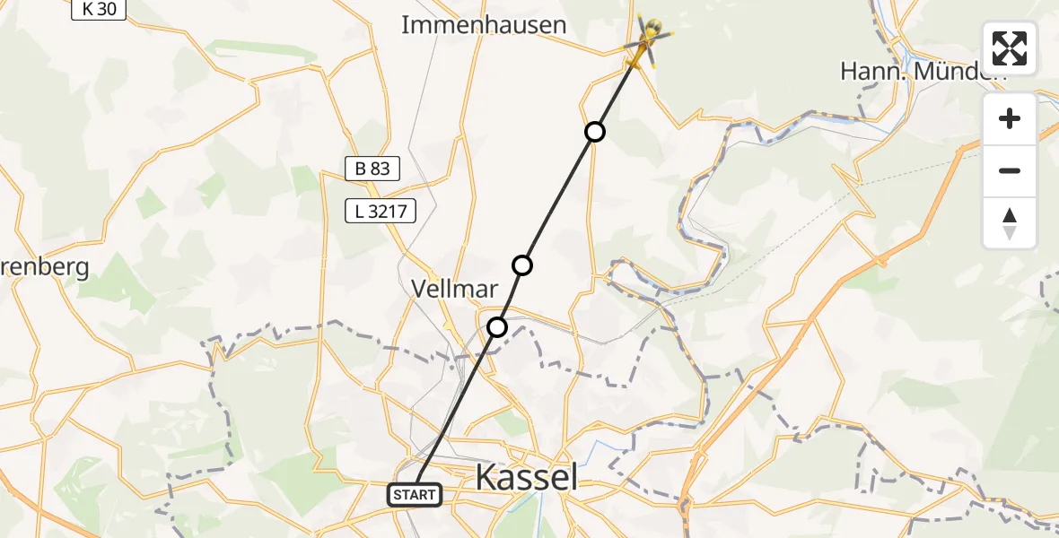 Flugroute Rettungshubschrauber Kassel - Immenhausen, 23 Juni 2026, 06:53